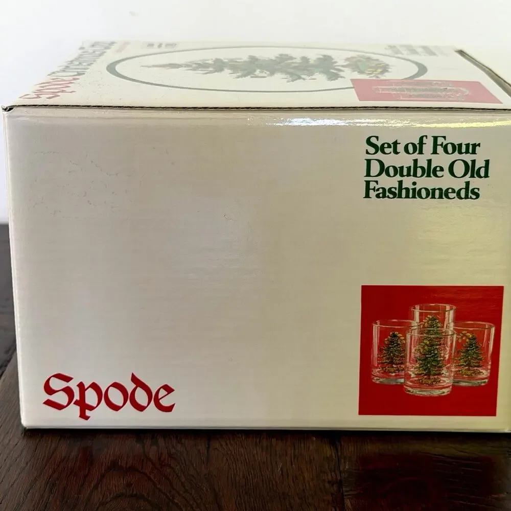 Spode Christmas Tree Set of 4 Double Old Fashioned Glasses with Gold Rim